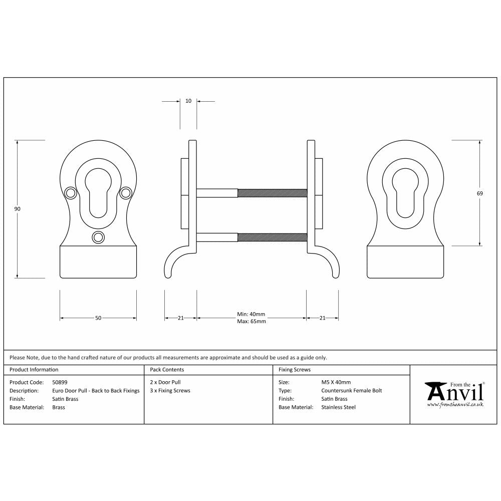 This is an image showing From The Anvil - Satin Brass 50mm Euro Door Pull (Back to Back fixings) available from trade door handles, quick delivery and discounted prices