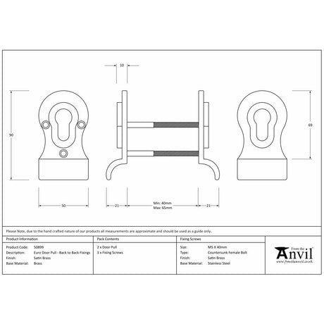 This is an image showing From The Anvil - Satin Brass 50mm Euro Door Pull (Back to Back fixings) available from trade door handles, quick delivery and discounted prices