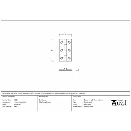 This is an image showing From The Anvil - Satin Brass 2" Butt Hinge (pair) available from T.H Wiggans Architectural Ironmongery, quick delivery and discounted prices