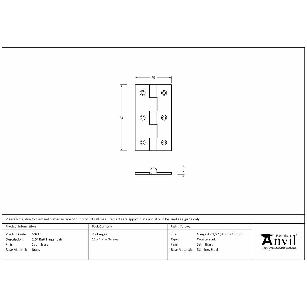 This is an image showing From The Anvil - Satin Brass 2.5" Butt Hinge (pair) available from T.H Wiggans Architectural Ironmongery, quick delivery and discounted prices