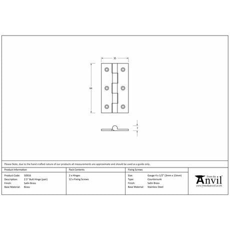 This is an image showing From The Anvil - Satin Brass 2.5" Butt Hinge (pair) available from T.H Wiggans Architectural Ironmongery, quick delivery and discounted prices