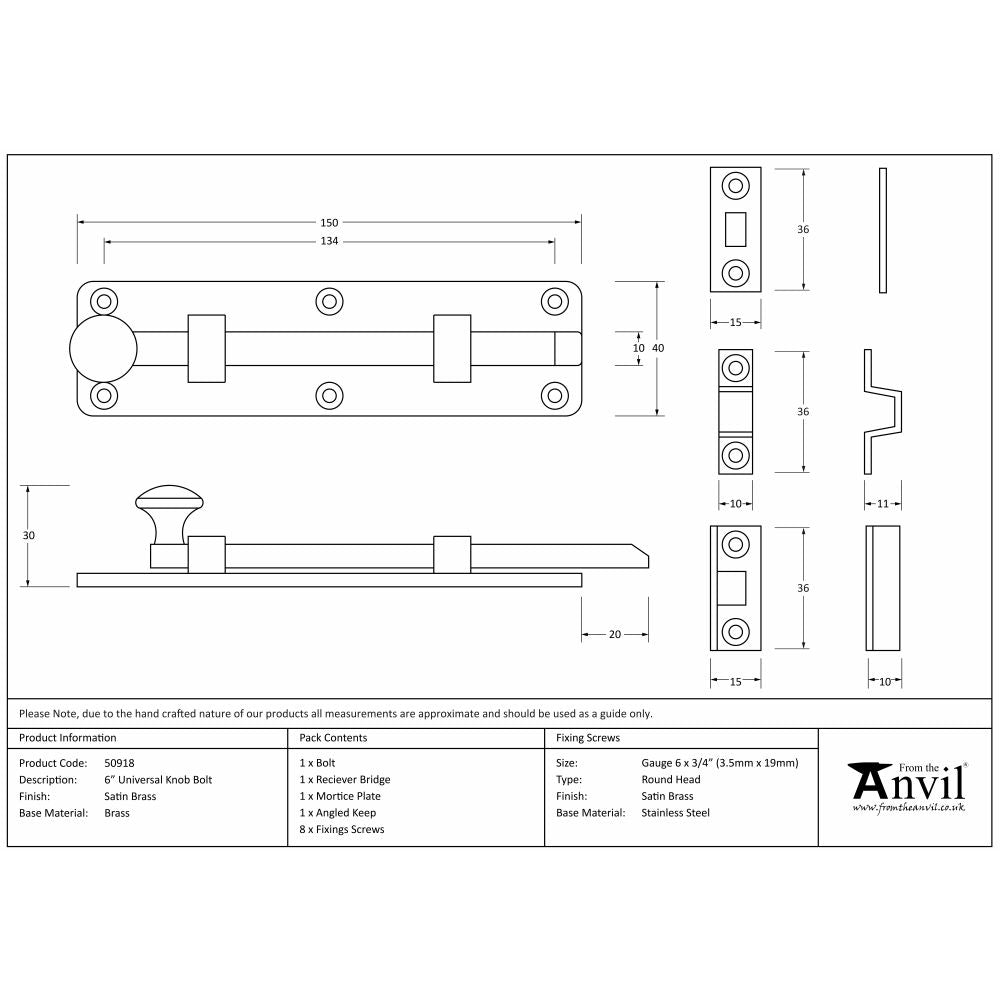 This is an image showing From The Anvil - Satin Brass 6" Universal Bolt available from trade door handles, quick delivery and discounted prices