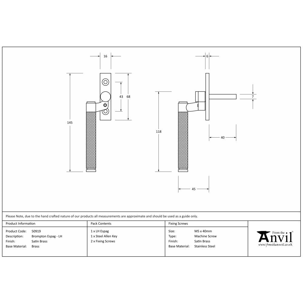 This is an image showing From The Anvil - Satin Brass Brompton Espag - LH available from T.H Wiggans Architectural Ironmongery in Kendal, quick delivery and discounted prices