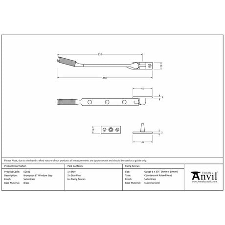 This is an image showing From The Anvil - Satin Brass 8" Brompton Stay available from T.H Wiggans Architectural Ironmongery in Kendal, quick delivery and discounted prices