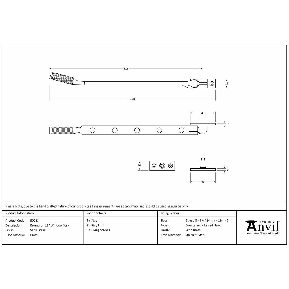 This is an image showing From The Anvil - Satin Brass 12" Brompton Stay available from T.H Wiggans Architectural Ironmongery in Kendal, quick delivery and discounted prices