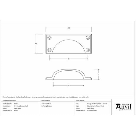 This is an image showing From The Anvil - Satin Brass Art Deco Drawer Pull available from trade door handles, quick delivery and discounted prices