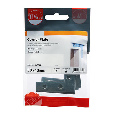 This is an image showing TIMCO Corner Plates - Zinc - 50 x 50 x 13 - 4 Pieces TIMpac available from T.H Wiggans Ironmongery in Kendal, quick delivery at discounted prices.