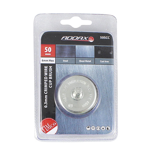This is an image showing TIMCO Drill Cup Brush - Crimped Steel Wire - 50mm - 1 Each Blister Pack available from T.H Wiggans Ironmongery in Kendal, quick delivery at discounted prices.