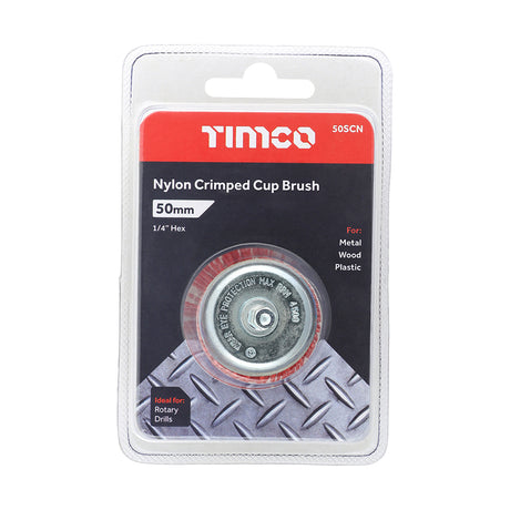 This is an image showing TIMCO Drill Cup Brush - Nylon - 50mm - 1 Each Blister Pack available from T.H Wiggans Ironmongery in Kendal, quick delivery at discounted prices.