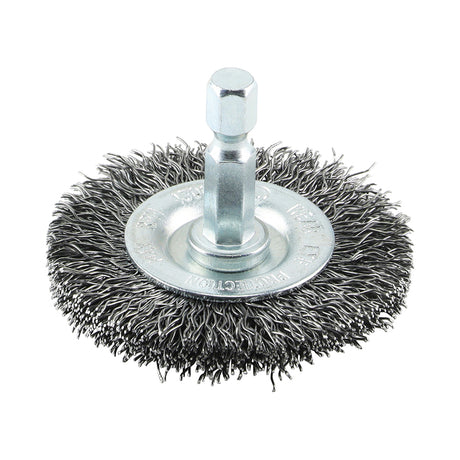 This is an image showing TIMCO Drill Wheel Brush - Crimped Steel Wire - 50mm - 1 Each Blister Pack available from T.H Wiggans Ironmongery in Kendal, quick delivery at discounted prices.
