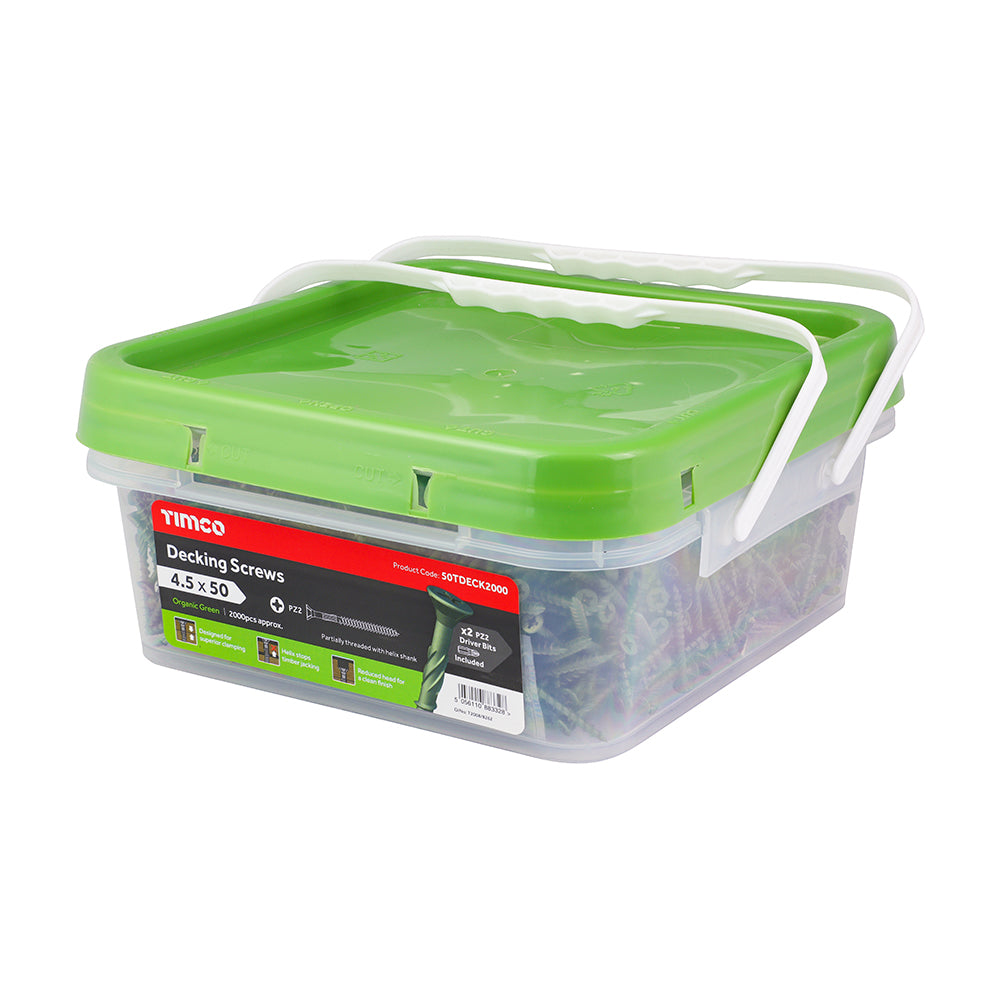 This is an image showing TIMCO Decking Screws - PZ - Double Countersunk - Exterior - Green - 4.5 x 50 - 2000 Pieces Tub available from T.H Wiggans Ironmongery in Kendal, quick delivery at discounted prices.