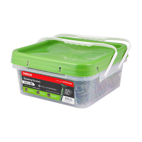 This is an image showing TIMCO Decking Screws - PZ - Double Countersunk - Exterior - Green - 4.5 x 50 - 2000 Pieces Tub available from T.H Wiggans Ironmongery in Kendal, quick delivery at discounted prices.
