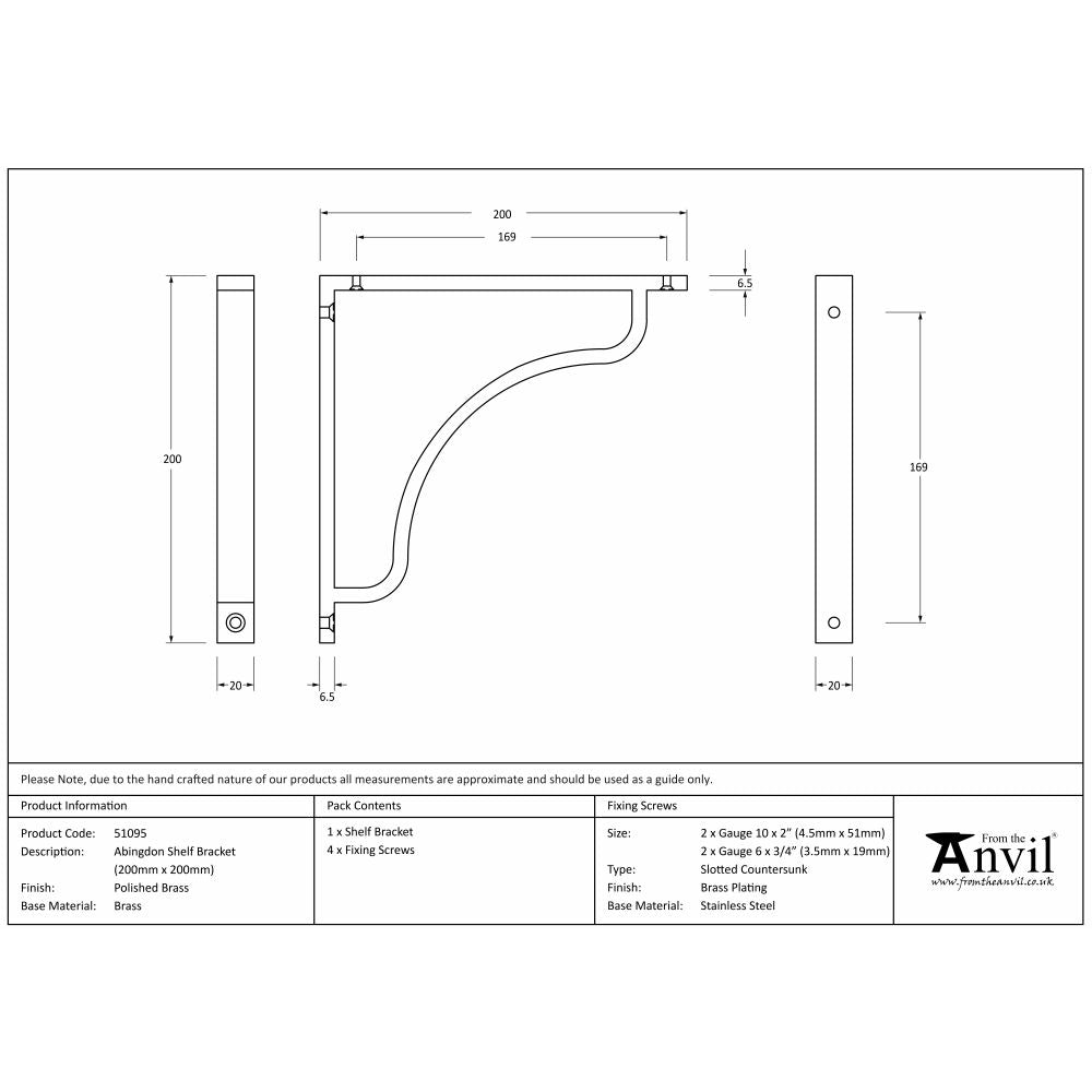 This is an image showing From The Anvil - Polished Brass Abingdon Shelf Bracket (200mm x 200mm) available from trade door handles, quick delivery and discounted prices