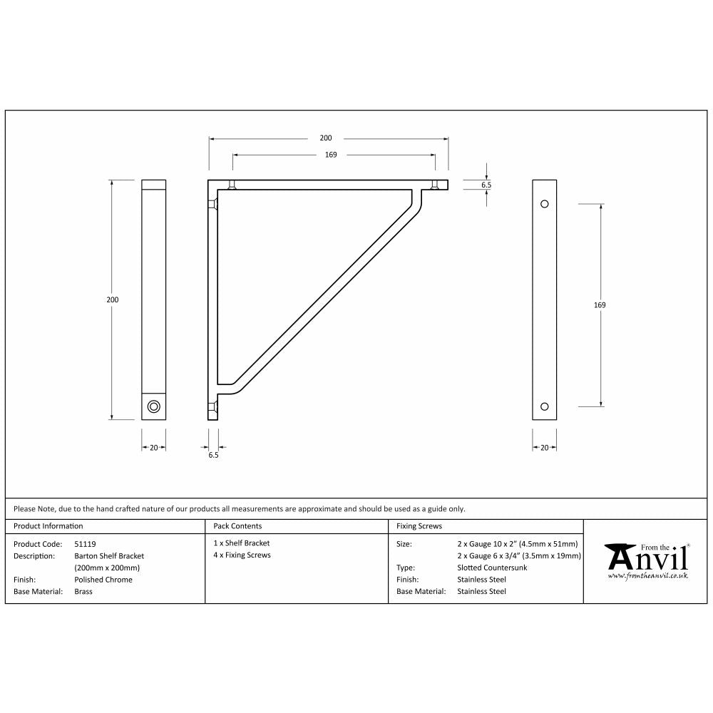 This is an image showing From The Anvil - Polished Chrome Barton Shelf Bracket (200mm x 200mm) available from trade door handles, quick delivery and discounted prices