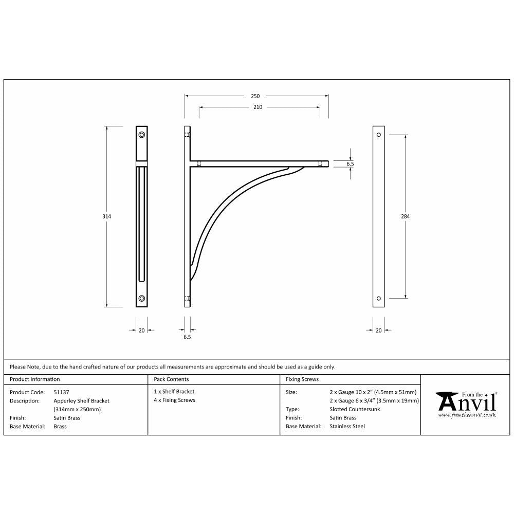 This is an image showing From The Anvil - Satin Brass Apperley Shelf Bracket (314mm x 250mm) available from trade door handles, quick delivery and discounted prices