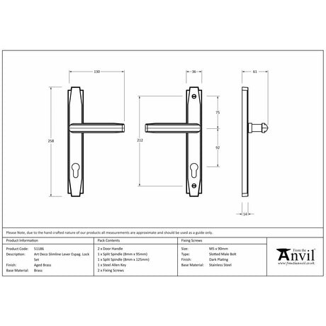 This is an image showing From The Anvil - Aged Brass Art Deco Slimline Lever Espag. Lock Set available from trade door handles, quick delivery and discounted prices
