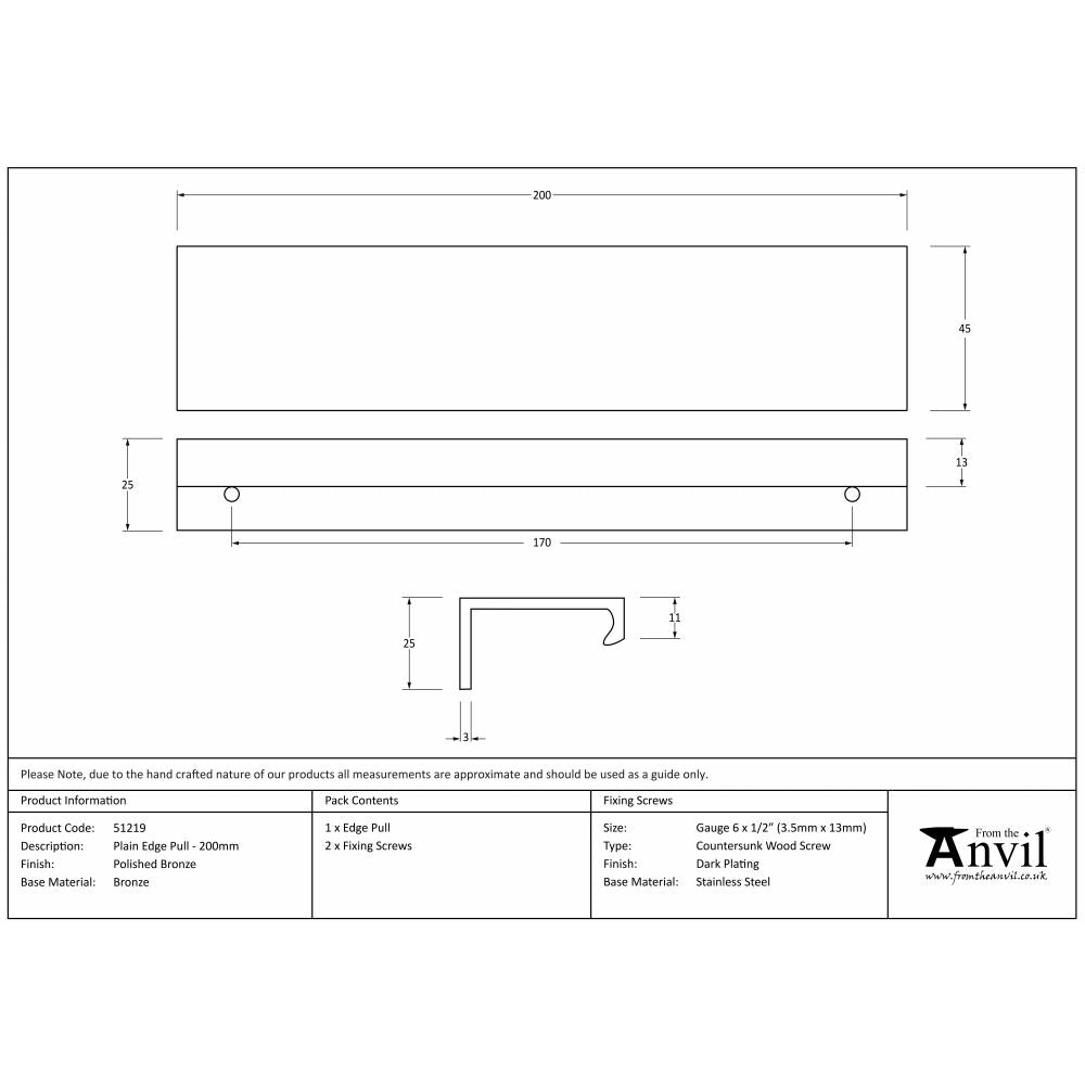 This is an image showing From The Anvil - Polished Bronze 200mm Plain Edge Pull available from trade door handles, quick delivery and discounted prices