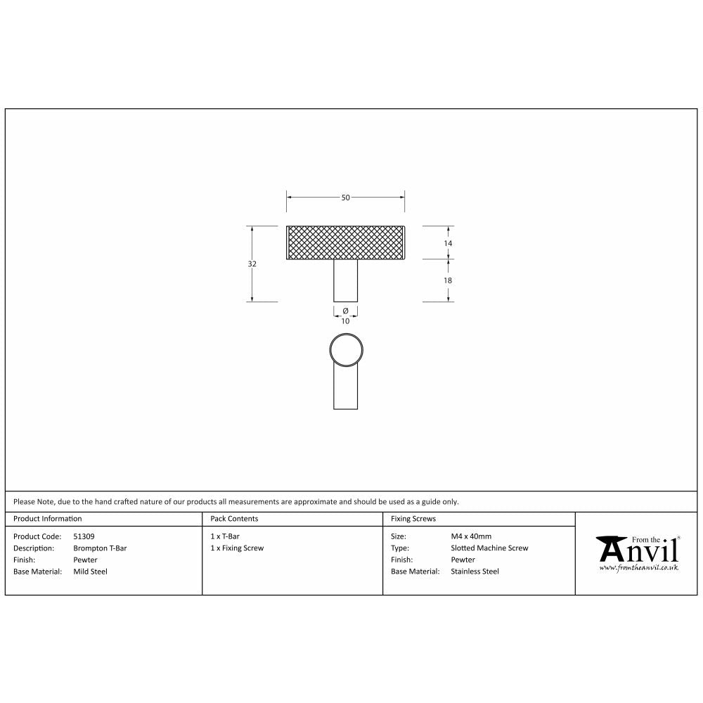 This is an image showing From The Anvil - Pewter Brompton T-Bar available from trade door handles, quick delivery and discounted prices