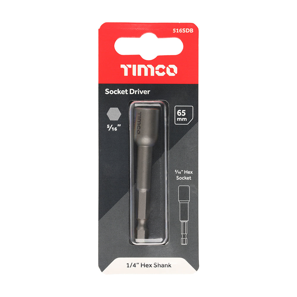 This is an image showing TIMCO Magnetic Socket Driver Bit - Hex - 5/16 x 65 - 1 Each Blister Pack available from T.H Wiggans Ironmongery in Kendal, quick delivery at discounted prices.