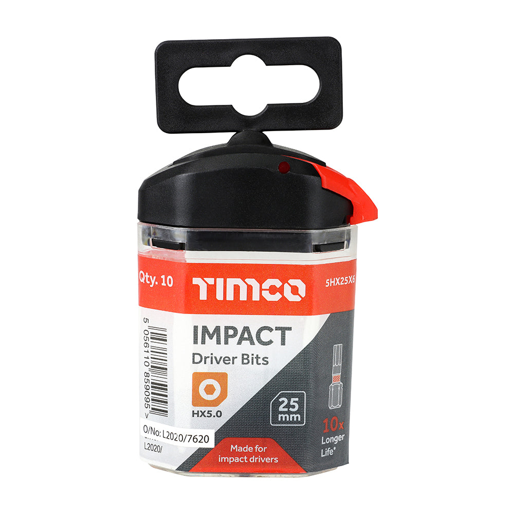 This is an image showing TIMCO Impact Driver Bits - Hex - 5.0 x 25 - 10 Pieces Handy Bit Pack available from T.H Wiggans Ironmongery in Kendal, quick delivery at discounted prices.