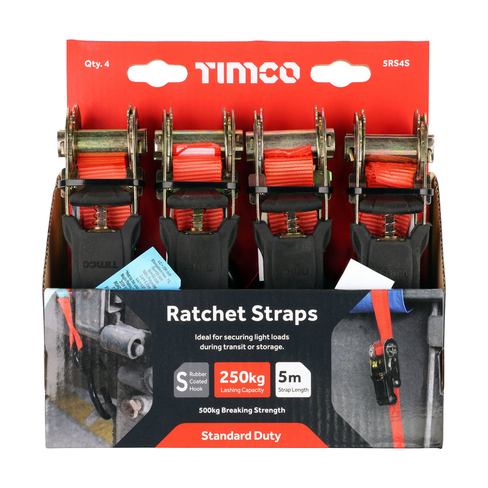 This is an image showing TIMCO Ratchet Straps - S Hook - Standard Duty - 5m x 25mm - 4 Pieces Box available from T.H Wiggans Ironmongery in Kendal, quick delivery at discounted prices.