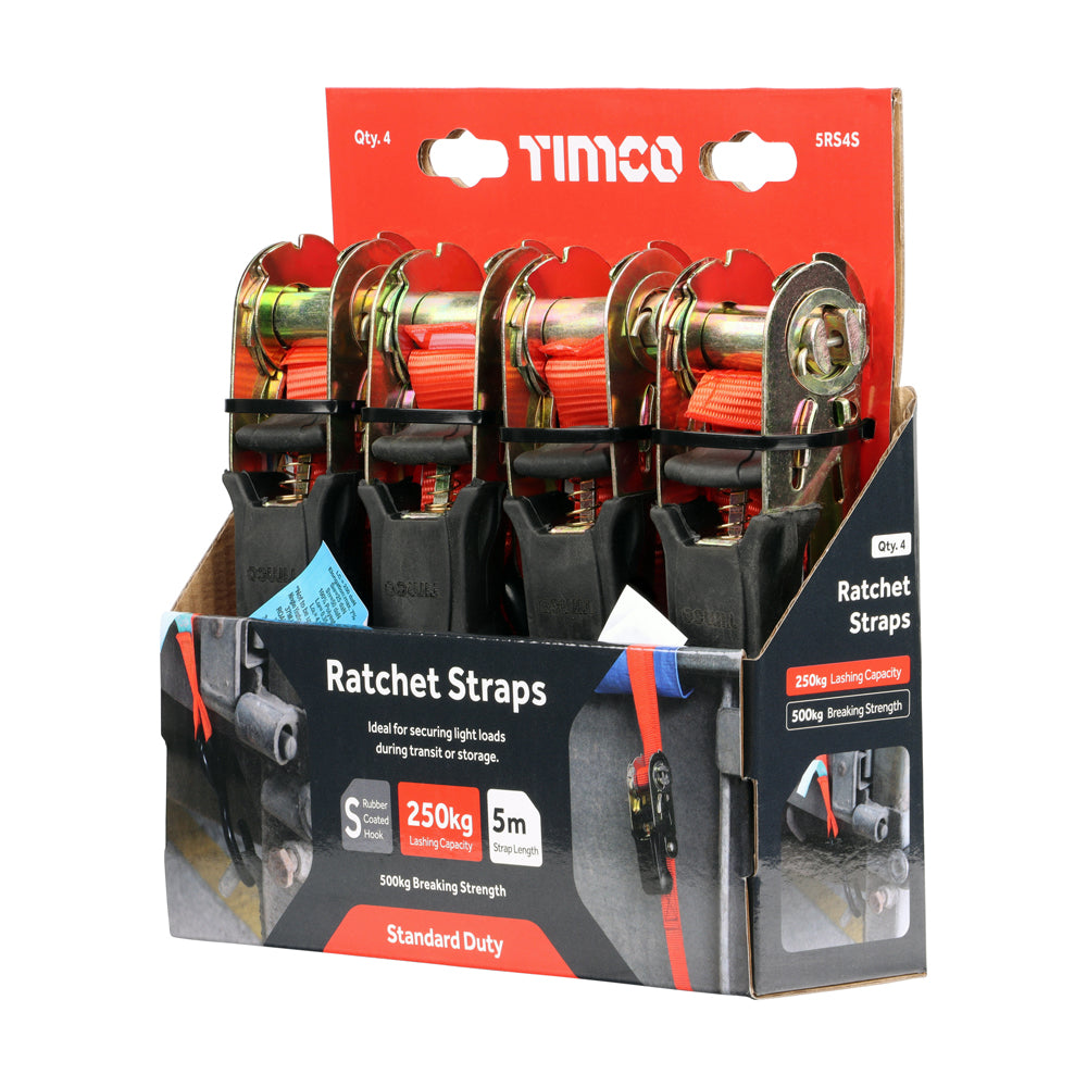 This is an image showing TIMCO Ratchet Straps - S Hook - Standard Duty - 5m x 25mm - 4 Pieces Box available from T.H Wiggans Ironmongery in Kendal, quick delivery at discounted prices.