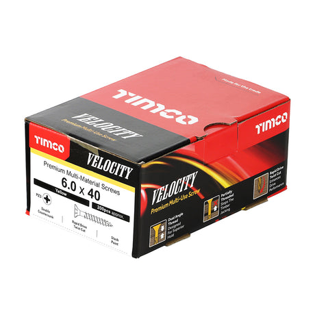 This is an image showing TIMCO Velocity Premium Multi-Use Screws - PZ - Double Countersunk - Yellow
 - 6.0 x 40 - 200 Pieces Box available from T.H Wiggans Ironmongery in Kendal, quick delivery at discounted prices.