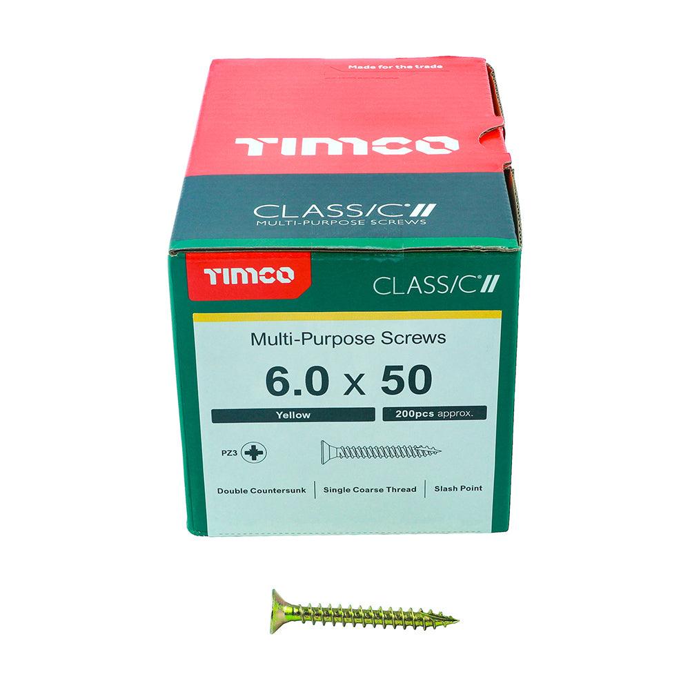 This is an image showing TIMCO Classic Multi-Purpose Screws - PZ - Double Countersunk - Yellow - 6.0 x 50 - 200 Pieces Box available from T.H Wiggans Ironmongery in Kendal, quick delivery at discounted prices.