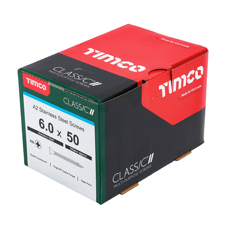 This is an image showing TIMCO Classic Multi-Purpose Screws - PZ - Double Countersunk - A2 Stainless Steel
 - 6.0 x 50 - 200 Pieces Box available from T.H Wiggans Ironmongery in Kendal, quick delivery at discounted prices.