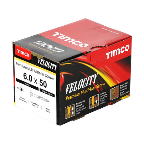 This is an image showing TIMCO Velocity Premium Multi-Use Screws - PZ - Double Countersunk - Yellow
 - 6.0 x 50 - 200 Pieces Box available from T.H Wiggans Ironmongery in Kendal, quick delivery at discounted prices.