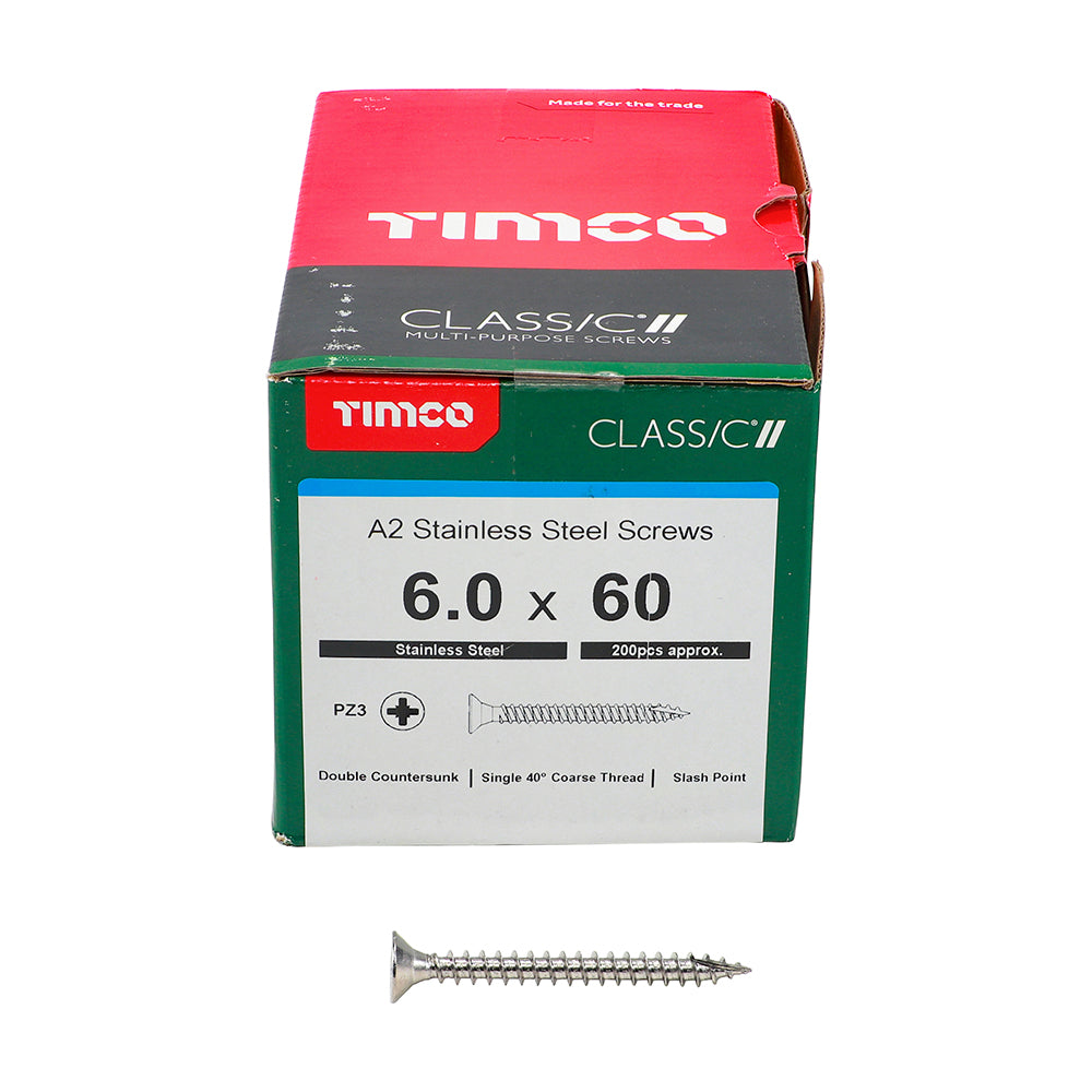 This is an image showing TIMCO Classic Multi-Purpose Screws - PZ - Double Countersunk - A2 Stainless Steel
 - 6.0 x 60 - 200 Pieces Box available from T.H Wiggans Ironmongery in Kendal, quick delivery at discounted prices.