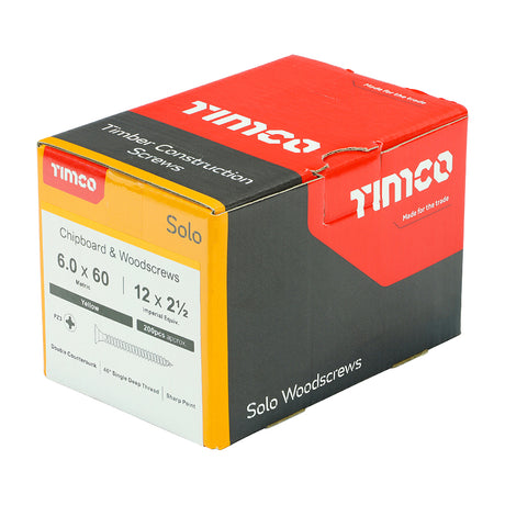 This is an image showing TIMCO Solo Chipboard & Woodscrews - PZ - Double Countersunk - Yellow - 6.0 x 60 - 200 Pieces Box available from T.H Wiggans Ironmongery in Kendal, quick delivery at discounted prices.