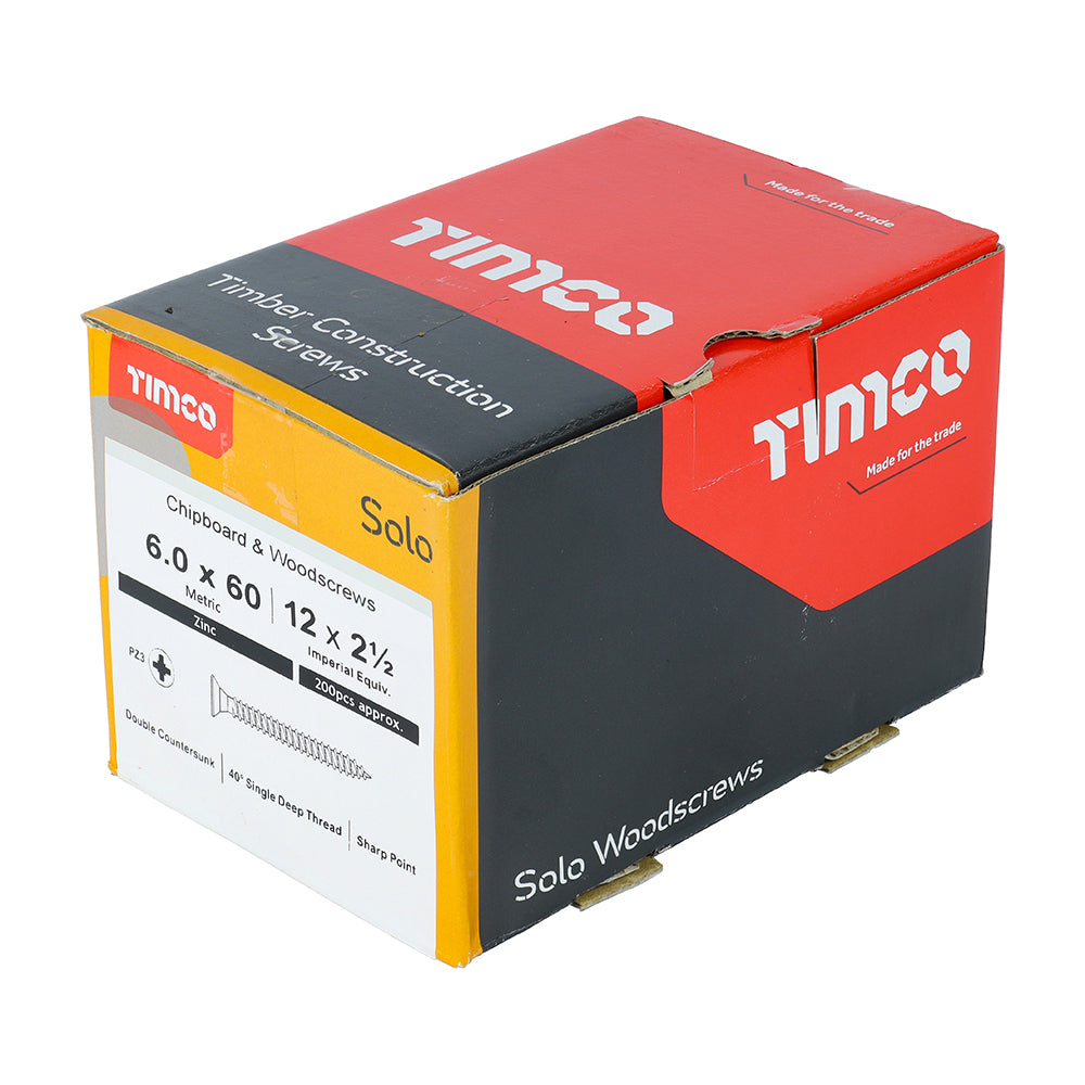 This is an image showing TIMCO Solo Chipboard & Woodscrews - PZ - Double Countersunk - Zinc - 6.0 x 60 - 200 Pieces Box available from T.H Wiggans Ironmongery in Kendal, quick delivery at discounted prices.