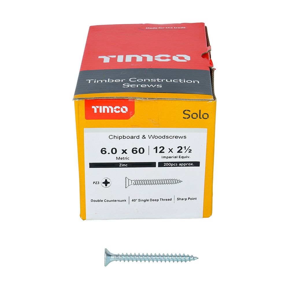 This is an image showing TIMCO Solo Chipboard & Woodscrews - PZ - Double Countersunk - Zinc - 6.0 x 60 - 200 Pieces Box available from T.H Wiggans Ironmongery in Kendal, quick delivery at discounted prices.