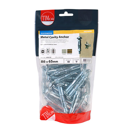 This is an image showing TIMCO Metal Cavity Anchors - Zinc - M6 x 65 (70mm Screw) - 40 Pieces TIMbag available from T.H Wiggans Ironmongery in Kendal, quick delivery at discounted prices.