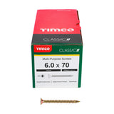 This is an image showing TIMCO Classic Multi-Purpose Screws - PZ - Double Countersunk - Yellow - 6.0 x 70 - 200 Pieces Box available from T.H Wiggans Ironmongery in Kendal, quick delivery at discounted prices.