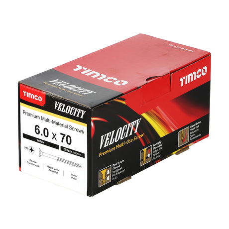This is an image showing TIMCO Velocity Premium Multi-Use Screws - PZ - Double Countersunk - Yellow
 - 6.0 x 70 - 200 Pieces Box available from T.H Wiggans Ironmongery in Kendal, quick delivery at discounted prices.