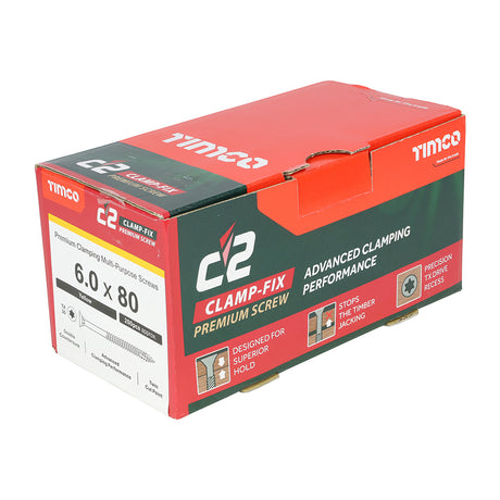 This is an image showing TIMCO C2 Clamp-Fix - TX - Double Countersunk with Ribs - Twin-Cut - Yellow - 6.0 x 80 - 200 Pieces Box available from T.H Wiggans Ironmongery in Kendal, quick delivery at discounted prices.