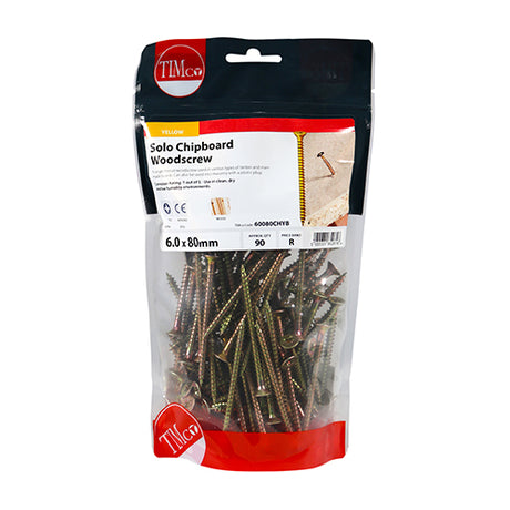 This is an image showing TIMCO Solo Woodscrews - PZ - Double Countersunk - Yellow - 6.0 x 80 - 90 Pieces TIMbag available from T.H Wiggans Ironmongery in Kendal, quick delivery at discounted prices.