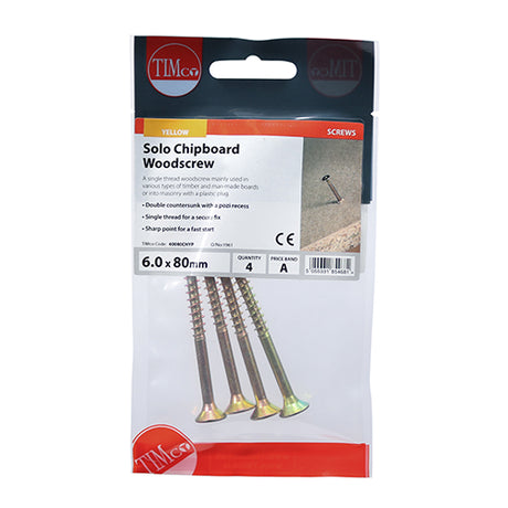This is an image showing TIMCO Solo Woodscrews - PZ - Double Countersunk - Yellow - 6.0 x 80 - 4 Pieces TIMpac available from T.H Wiggans Ironmongery in Kendal, quick delivery at discounted prices.