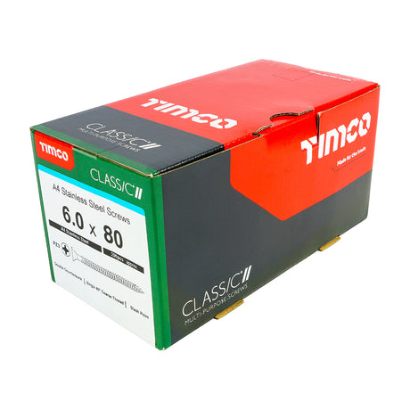 This is an image showing TIMCO Classic Multi-Purpose Screws - PZ - Double Countersunk - A4 Stainless Steel
 - 6.0 x 80 - 200 Pieces Box available from T.H Wiggans Ironmongery in Kendal, quick delivery at discounted prices.
