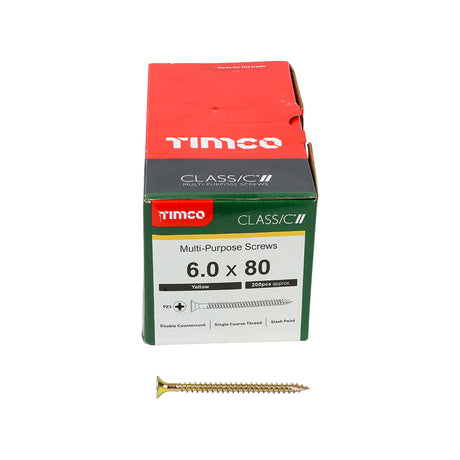 This is an image showing TIMCO Classic Multi-Purpose Screws - PZ - Double Countersunk - Yellow - 6.0 x 80 - 200 Pieces Box available from T.H Wiggans Ironmongery in Kendal, quick delivery at discounted prices.