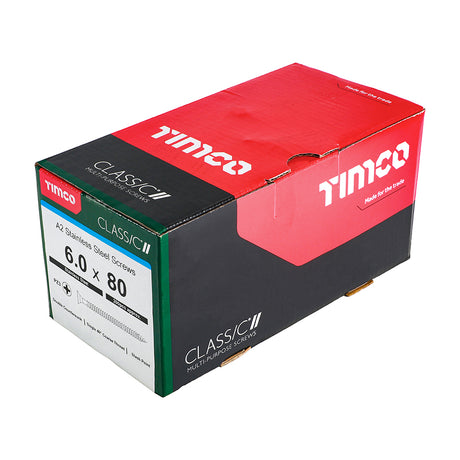 This is an image showing TIMCO Classic Multi-Purpose Screws - PZ - Double Countersunk - A2 Stainless Steel
 - 6.0 x 80 - 200 Pieces Box available from T.H Wiggans Ironmongery in Kendal, quick delivery at discounted prices.