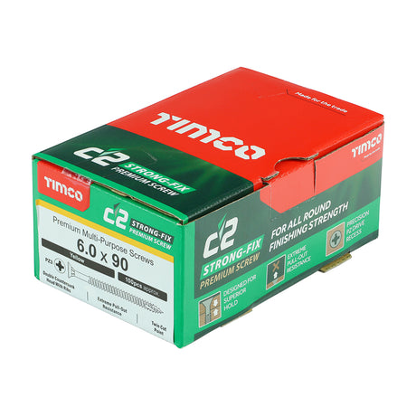 This is an image showing TIMCO C2 Strong-Fix - PZ - Double Countersunk - Twin-Cut - Yellow - 6.0 x 90 - 100 Pieces Box available from T.H Wiggans Ironmongery in Kendal, quick delivery at discounted prices.