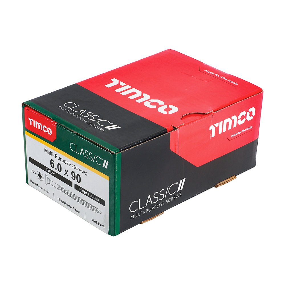 This is an image showing TIMCO Classic Multi-Purpose Screws - PZ - Double Countersunk - Yellow - 6.0 x 90 - 100 Pieces Box available from T.H Wiggans Ironmongery in Kendal, quick delivery at discounted prices.