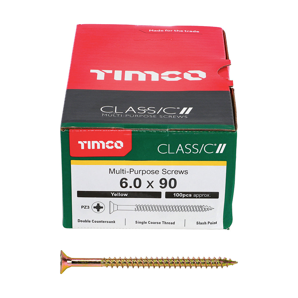 This is an image showing TIMCO Classic Multi-Purpose Screws - PZ - Double Countersunk - Yellow - 6.0 x 90 - 100 Pieces Box available from T.H Wiggans Ironmongery in Kendal, quick delivery at discounted prices.