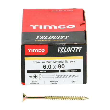 This is an image showing TIMCO Velocity Premium Multi-Use Screws - PZ - Double Countersunk - Yellow
 - 6.0 x 90 - 100 Pieces Box available from T.H Wiggans Ironmongery in Kendal, quick delivery at discounted prices.