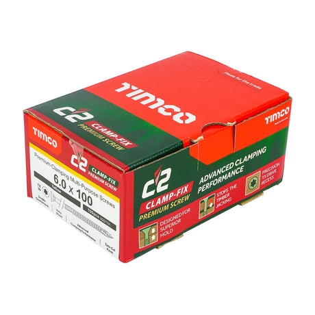 This is an image showing TIMCO C2 Clamp-Fix - TX - Double Countersunk with Ribs - Twin-Cut - Yellow - 6.0 x 100 - 100 Pieces Box available from T.H Wiggans Ironmongery in Kendal, quick delivery at discounted prices.