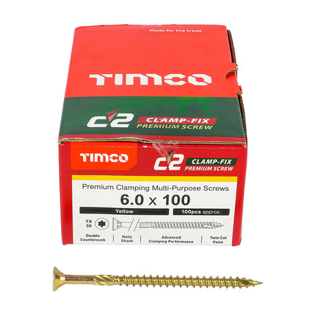 This is an image showing TIMCO C2 Clamp-Fix - TX - Double Countersunk with Ribs - Twin-Cut - Yellow - 6.0 x 100 - 100 Pieces Box available from T.H Wiggans Ironmongery in Kendal, quick delivery at discounted prices.