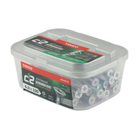 This is an image showing TIMCO C2 Exterior Strong-Fix - PZ - Double Countersunk with Ribs - Twin-Cut - Silver - 6.0 x 100 - 60 Pieces Tub available from T.H Wiggans Ironmongery in Kendal, quick delivery at discounted prices.